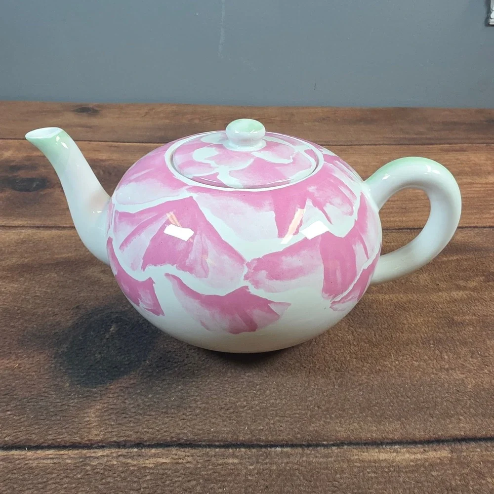 Porta Teapot Raul Da Bernarda 1992 Pink Green Excellent Floral Ceramic Portugal